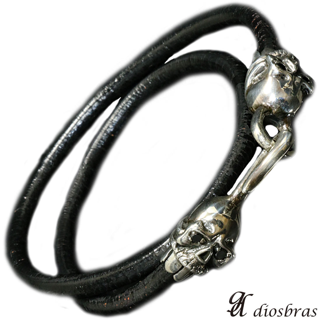 diosbras-ディオブラス- シルバー レザーブレスレット フック シルバー９２５製 スカル ユリ クロス 編み込み 三つ編み メンズ SA