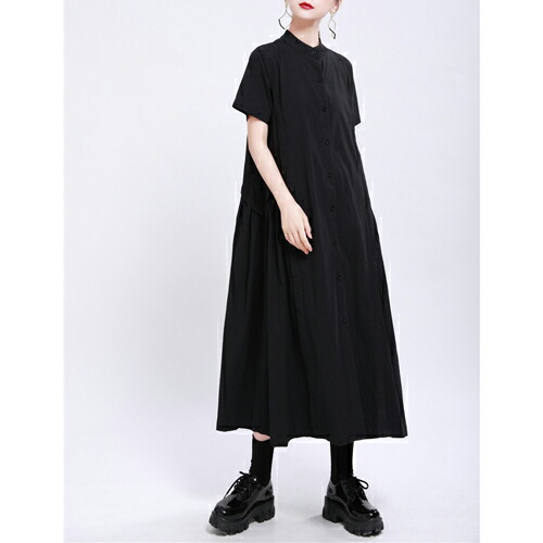 楽天市場 スタンドカラー ルーズシルエット 半袖 ロング シャツ ワンピース ブラック グリーン ベージュ Dira