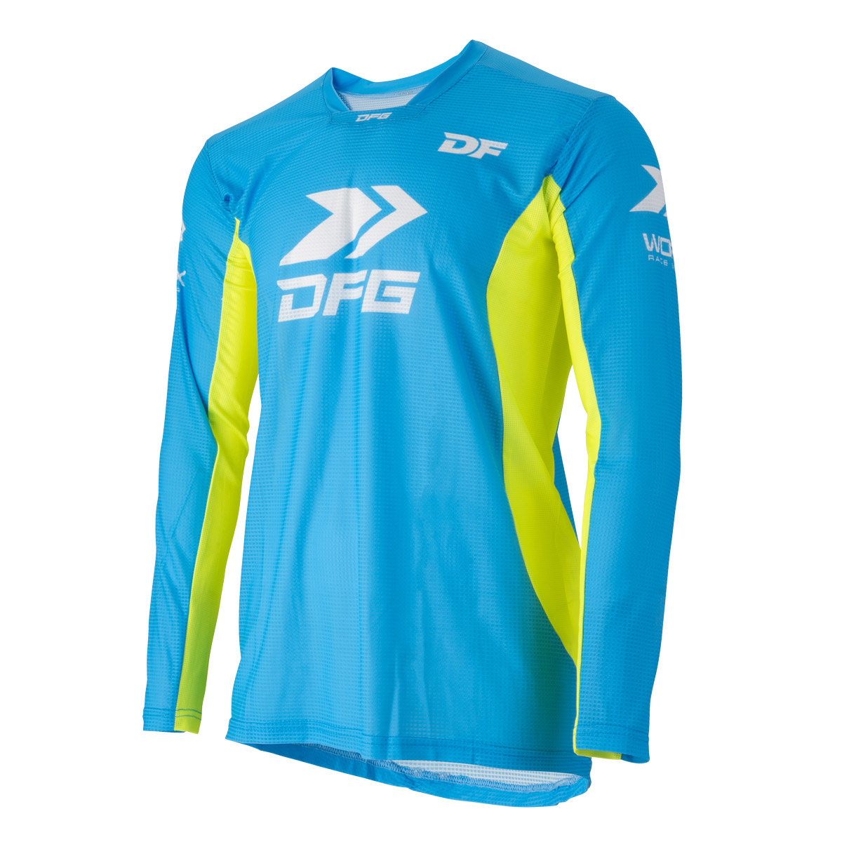 DFG ワークスジャージ チャンプ Sサイズ ブルー/フローイエロー MXレース EDレース アタックポジション 4WAYストレッチ生地採用 C0433