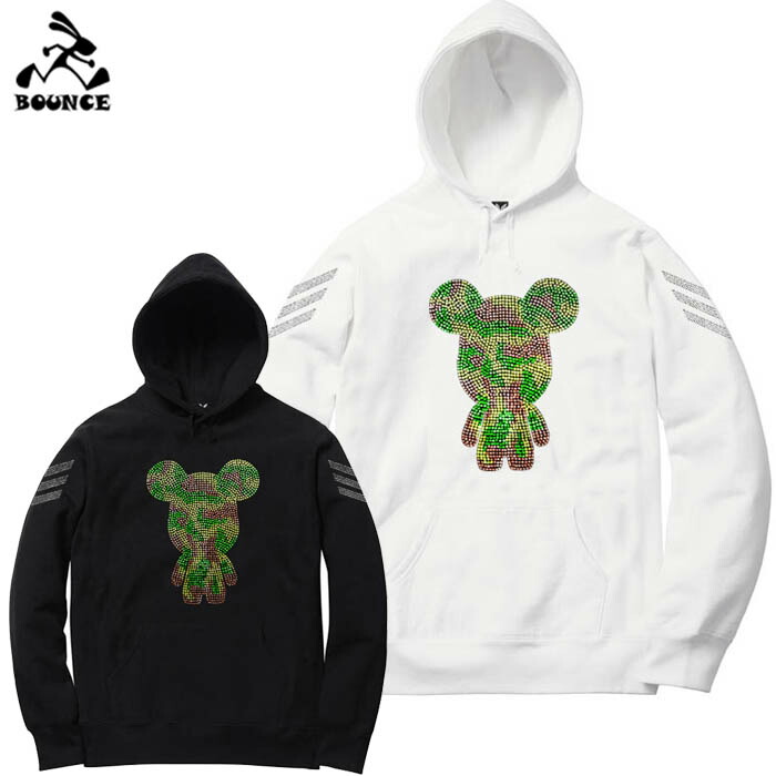 BOUNCE バウンス MILITARY BEAR ミリタリー熊 ラインストーンロゴ 黒いこと 白いこと ボンネットパーカー 綿100% スウェットメンズ トップス かっこいい 今めかしい 一般受け ブランド名 表どおり系 ITALY