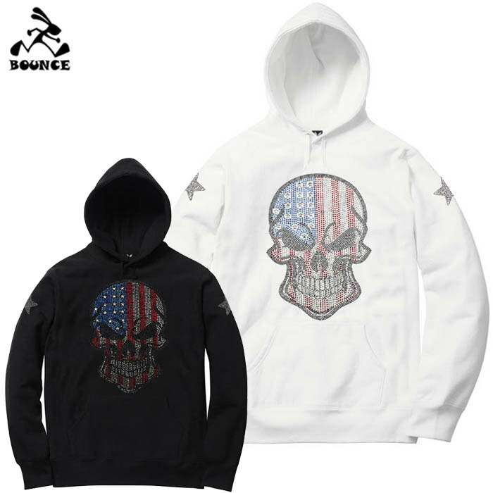 BOUNCE バウンス USA SKULL 亜米利加 ドクロ ラインストーンロゴ 黒いこと 白いこと ボンネットパーカー 綿100% スウェットメンズ トップス かっこいい 今めかしい 一般受け ブランド名 表どおり系 ITALY