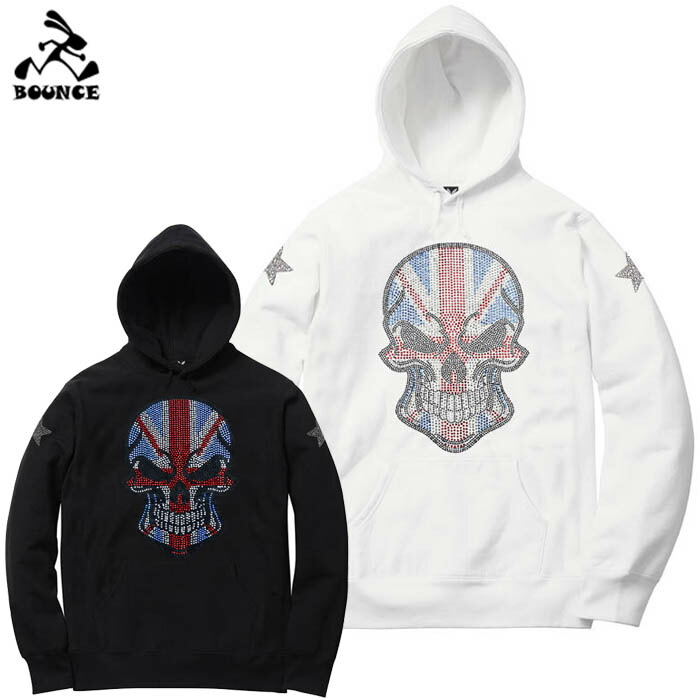 BOUNCE バウンス UNITED KINGDOM SKULL 連合王国 ドクロ ラインストーンロゴ 黒いこと 白いこと ボンネットパーカー 綿100% スウェットメンズ トップス かっこいい 今めかしい 一般受け ブランド名  表どおり系 ITALY