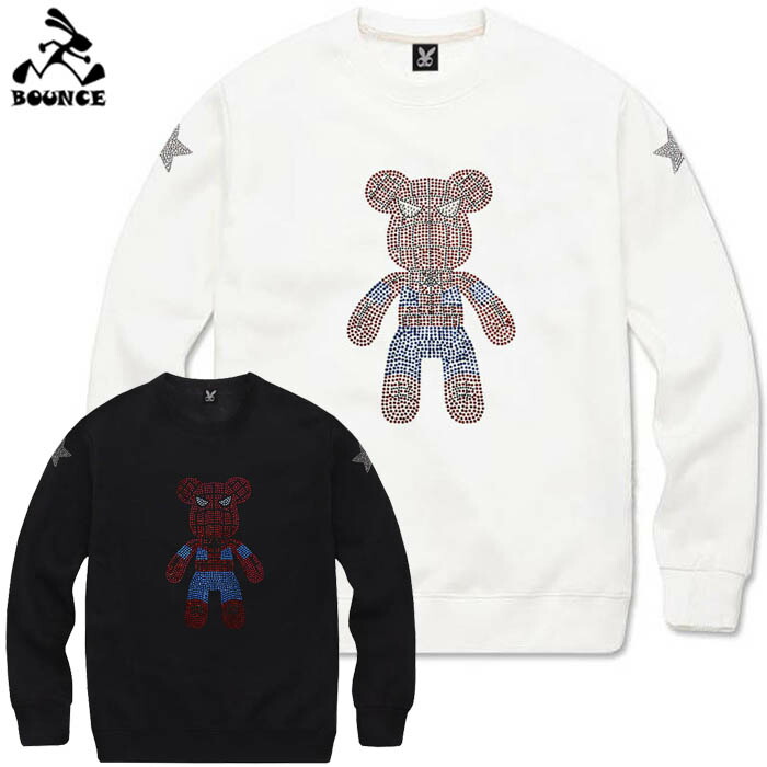BOUNCE バウンス spider スパイダー クマ ラインストーンロゴ 綿100% 10.0oz ホワイト/ブラック オリジナル メンズ トレ－ナー 秋/冬 おしゃれ スウェット 大きい サイズ ストリート系 ITALY