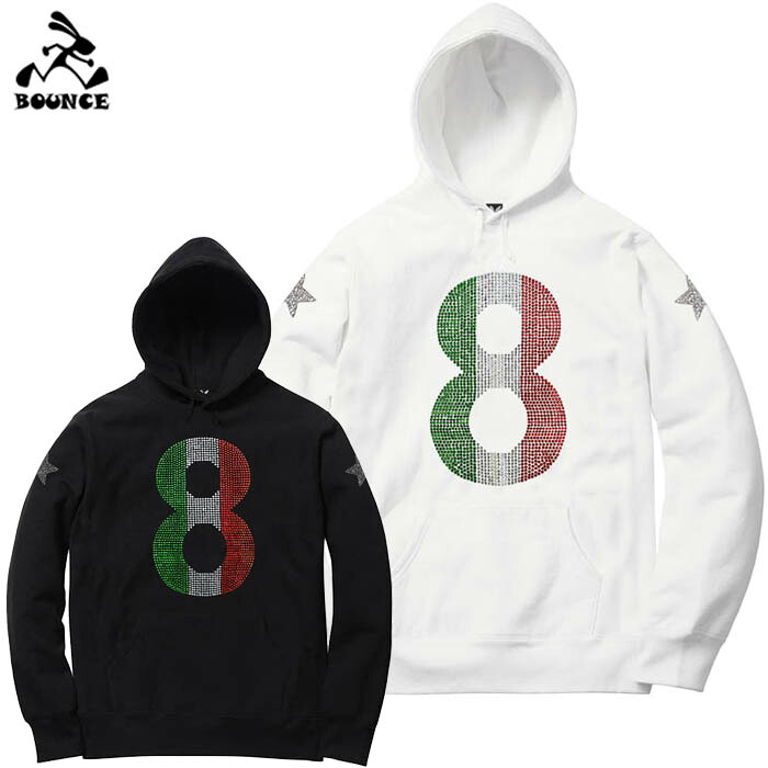 BOUNCE バウンス italy number8 イタリア共和国８番 ラインストーンロゴ 黒いこと 白いこと ボンネットパーカー 綿100% スウェットメンズ トップス かっこいい 今めかしい 一般受け ブランド名 表どおり系 ITALY