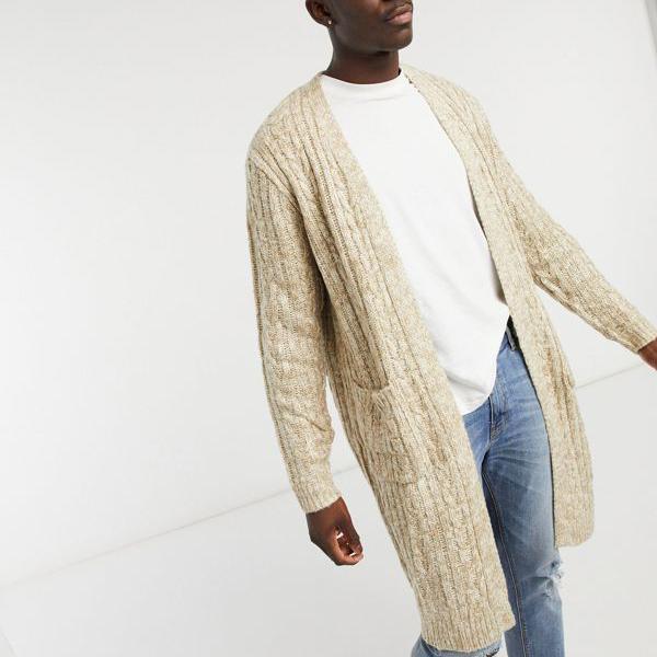 短納期対応 エイソス Asos Asos Asosdesignニットロングラインケーブルニットカーディガンオートミール トップス メンズ 男性 インポートブランド 小さいサイズから大きいサイズまで 値引 Ugs Ed Ao