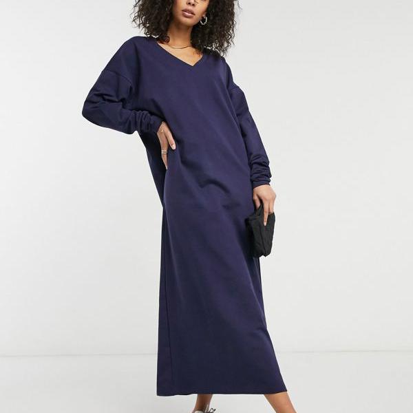 最高級のスーパー エイソス Asos 小さいサイズから大きいサイズまで インポートブランド 女性 レディース ワンピース Asosdesignネイビーのvネックのトールスウェットミディドレス Asos As Www Ivavsys Com