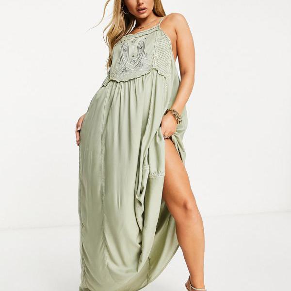 楽天市場 エイソス Asos Asos Asosdesignアップリケビブディテールマキシビーチドレスカーキ ワンピース レディース 女性 インポートブランド 小さいサイズから大きいサイズまで セレクトショップ Diva Closet