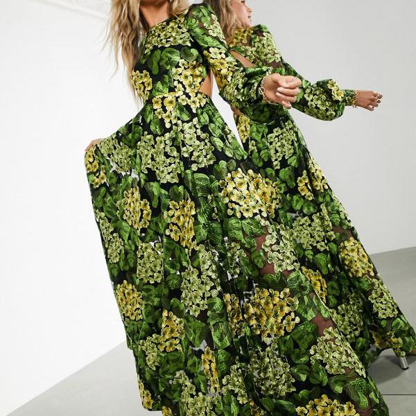 ふるさと割 エイソス 小さいサイズから大きいサイズまで インポートブランド 女性 レディース ワンピース アソセディションマキシドレス ブルゾンスリーブ オープンバック 黄色の刺 Asos Asos As Rashiastrologer Com