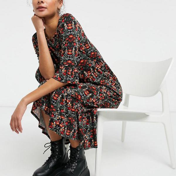 レディースファッション ワンピース 贅沢品 Selfridge Miss ミスセルフリッジ 赤い花柄のフリルスリーブのミスセルフリッジミディドレス 小さいサイズから大きいサイズまで インポートブランド 女性 レディース ワンピース Revista Facene Com Br