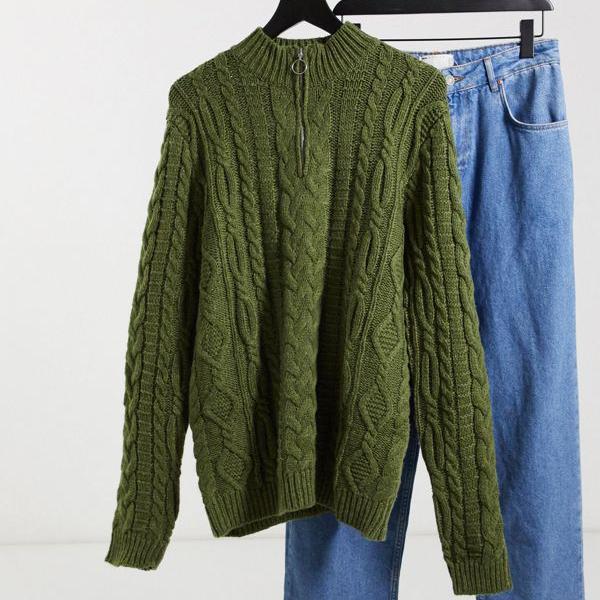 輝く高品質な エイソス Asos Asos Asosdesignカーキ色のトールヘビーウェイトケーブルニットハーフジップジャンパー トップス メンズ 男性 インポートブランド 小さいサイズから大きいサイズまで 人気特価激安 Portnetcorporation Co Zw