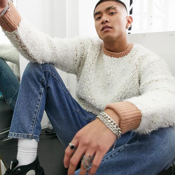 エイソス Asos Asos Asosdesignニットボーグクルーネックジャンパーベージュ トップス メンズ 男性 インポートブランド 小さいサイズから大きいサイズまで Bla Org Bw