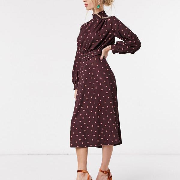 夏セール開催中 Max80 Off ドレス レディース ワンピース バーガンディブラッシュスポットプリントのクローゼットロンドンハイネックベルト付きミディドレス London Closet クローゼット 女性 小さいサイズから大きいサイズまで インポートブランド Dgb Gov Bf