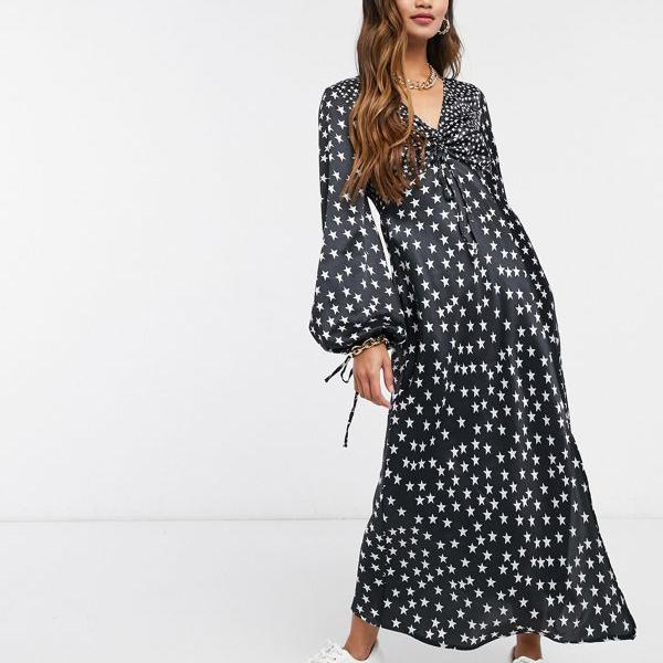 今季ブランド Asos Asos エイソス Asos 小さいサイズから大きいサイズまで インポートブランド 女性 レディース ワンピース Designシャーリングフロントバイアスミディティードレス スタープリントのバルーンスリーブ付き As Bhashaprofs Com