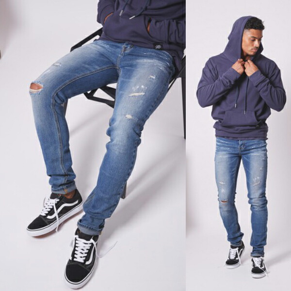 ダメージ加工ジーンズ 膝リップ ブルー 日本未入荷 Sixth スキニー