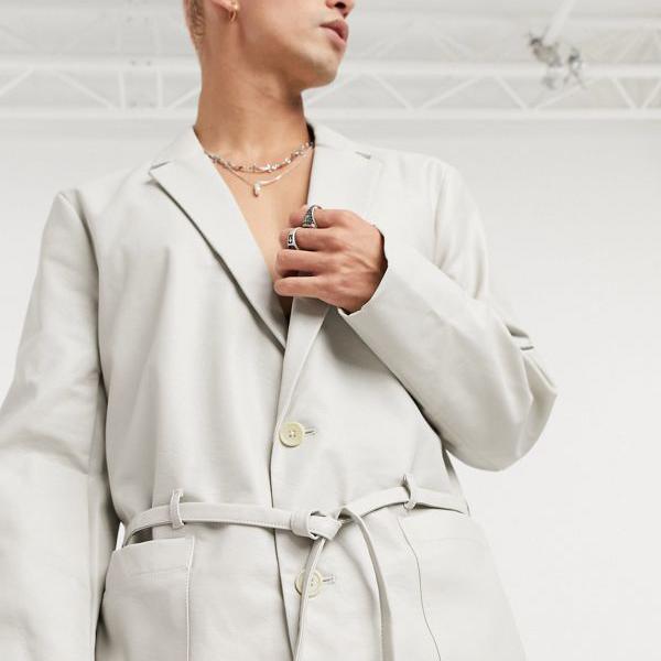 希望者のみラッピング無料 アウター Asosdesignネクタイ付きクリームのフェイクレザーのスキニーブレザー Asos Asos エイソス メンズ 小さいサイズから大きいサイズまで インポートブランド 男性 As Www Kalleanka Se