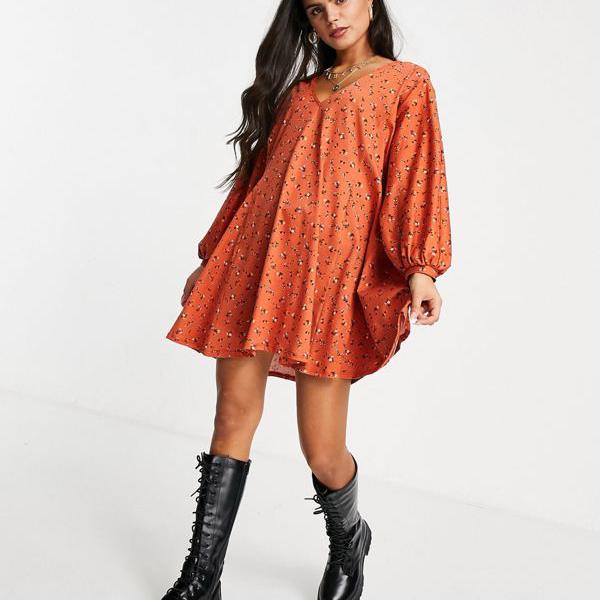 最も優遇 楽天市場 エイソス Asos Asos Asos Designプチミニvネックスウィングドレス バーントオレンジディッシーフローラル ワンピース レディース 女性 インポートブランド 小さいサイズから大きいサイズまで 代 30代 40代 50代 セレクトショップ Diva Closet