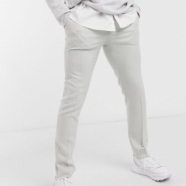 新しい到着 Asos エイソス Asos 小さいサイズから大きいサイズまで インポートブランド 男性 メンズ ボトム パンツ Asosdesign スキニースマートパンツグレーウールミックスピンストライプ As Bhavaspa Com