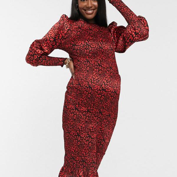 レディース ドレス 京都のセレクトショップdivacloset レディース ワンピース Designマタニティシャーリングミディティードレス パフスリーブとシャーリングカフ レッドヒョウ柄 インポートブランド Asos 女性 Diva 小さいサイズから大きいサイズまで セレクトショップ