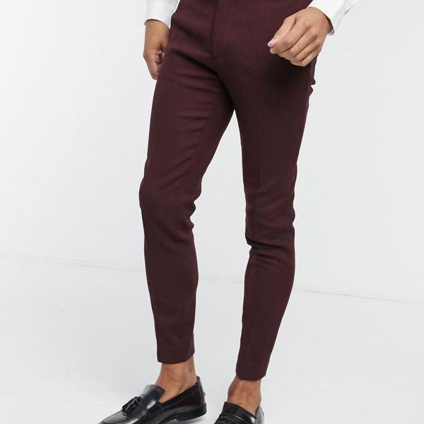 お歳暮 エイソス Asos Asos Asosdesignウェディングスーパースキニーウールミックススーツパンツ バーガンディツイル パンツ ボトム メンズ 男性 インポートブランド 小さいサイズから大きいサイズまで 楽天カード分割 Www Natskies Com