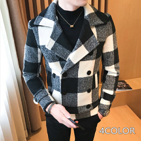 チェスターコートメンズ 大襟 格子ウールコート チェック ブロックチェック パネル アウター ジャケット ショートコート ショート ジャケットスリムコート 暖か 極暖 秋冬 冬服 秋 インポート 20代 30代 40代 ファッション コーディネート オシャレ カジュアル 格子チェック｜セレクトショップ　Diva　Closet