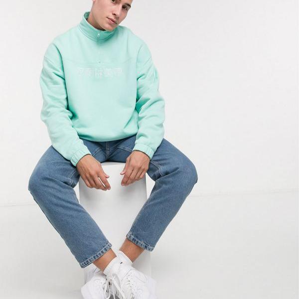 最も優遇 Asos Asos Asos エイソス Design特大のハーフジップスウェットシャツ ミントグリーンのテキストプリント 小さいサイズから大きいサイズまで インポートブランド 男性 メンズ トップス As Varitas Net