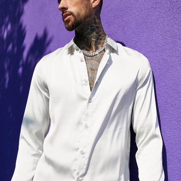 品多く 30代 代 小さいサイズから大きいサイズまで インポートブランド 男性 メンズ トップス Asosdesignレギュラーフィットサテンシャツシルバー Asos Asos エイソス 40代 カジュアル 50代 As Ne7na Com