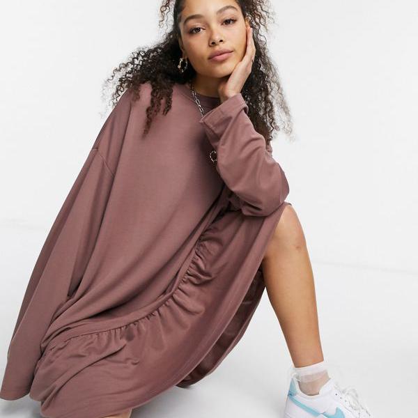 京都のセレクトショップdivacloset ウィークデイ Weekday モカのペプラム裾の平日エリナミニスモックドレス ワンピース レディース 女性 女性 ワンピース インポートブランド 小さいサイズから大きいサイズまで セレクトショップ レディース Diva Closet