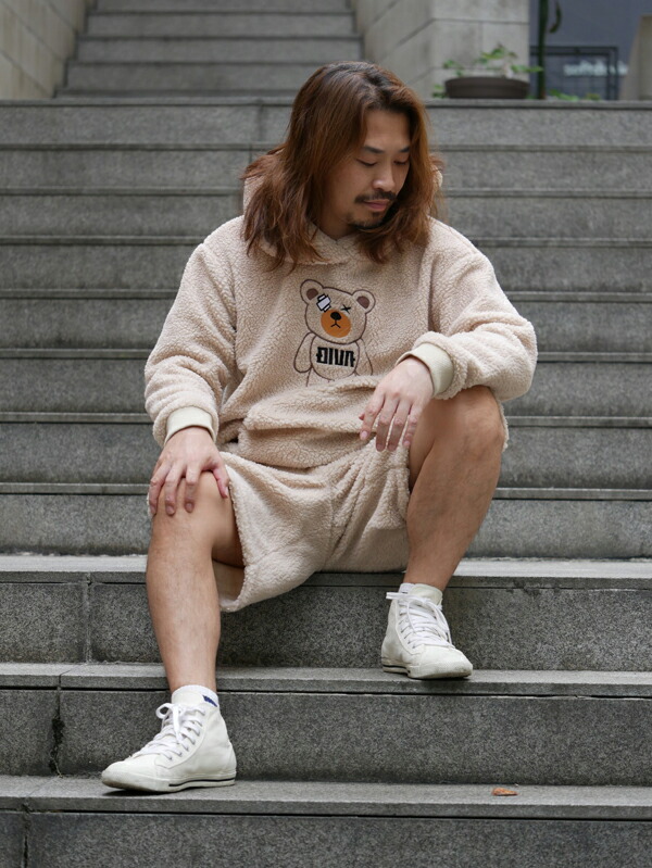 刺繍 クマ 30代 40代 もこもこ スウェット セットアップ ハーフパンツ フォト フリース フーディーパーカー プリント メンズ ルームウェア レディース レディース高身長 大きいサイズ 部屋着 大割引 セットアップ