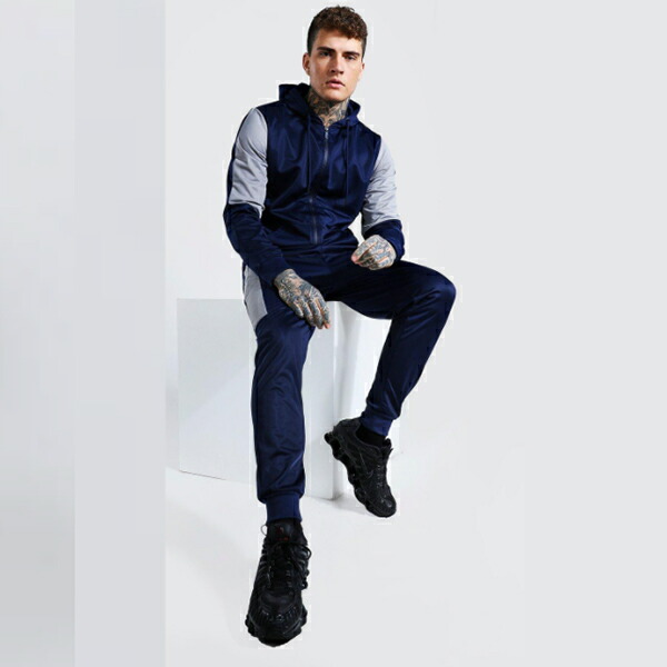 ギフ 包装 メンズジャージ 小さいサイズ スポーツ ジム ランニング インポートブランド スウェット 上下 セットアップ フード付き トラックスーツ ポリジップ Boohoo ブーフー コントラストパネル付き 大きいサイズあり フィットネス ファッション メンズ Fah Co Bw