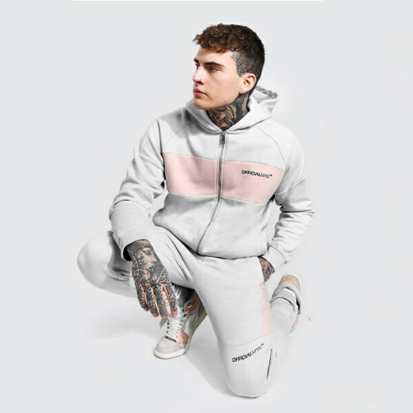 完売 メンズジャージ セットアップ トラックスーツ オフィシャルマン カラーブロックジップフード Boohoo ブーフー 上下 フィットネス ファッション メンズ 大きいサイズあり 小さいサイズ スポーツ ジム ランニング インポートブランド スウェット Sorif Dk