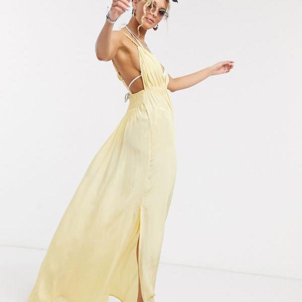 超大特価 ドレス Asos エイソス Asos 小さいサイズから大きいサイズまで インポートブランド 女性 レディース ワンピース Asosdesignロープディテールvゴールデンイエローのフロントビーチマキシドレス Hamrahtrader Com