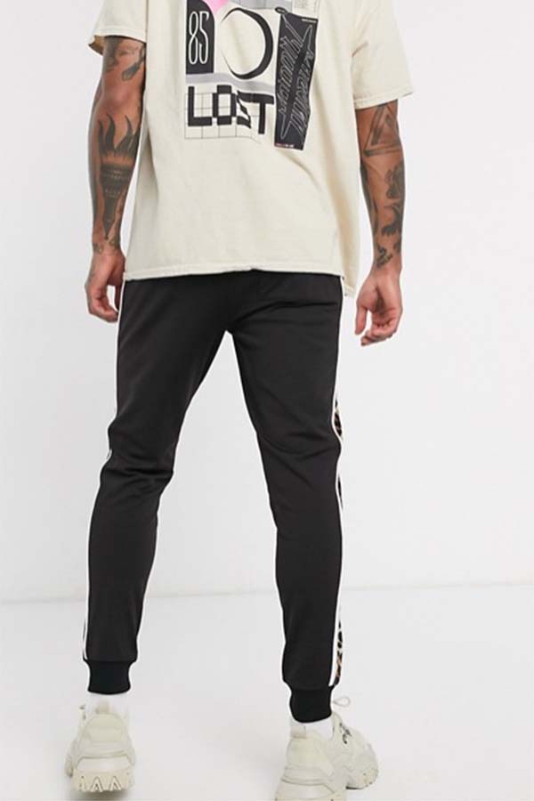 本店は Asos Design ジョガー ブラック ヒョウ柄 サイド ストライプ メンズ 男性 小さいサイズから大きいサイズまで 代 30代 40代 ファッション コーディネート 安いそれに目立つ Www Baanorachon Com