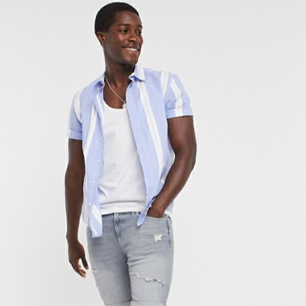 宅送 小さいサイズから大きいサイズあり トップス インポートブランド メンズ シャツ 半袖 ライトブルー ストライプ Island River 30代 春夏秋冬 高身長 代 40代 As Bronze Qa