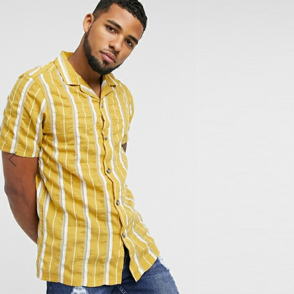 国内発送 代 40代 30代 小さいサイズから大きいサイズあり トップス インポートブランド メンズ シャツ イエローシアサッカー ストライプ リベール レギュラー Design Asos 春夏秋冬 高身長 As Miradiofm Cl