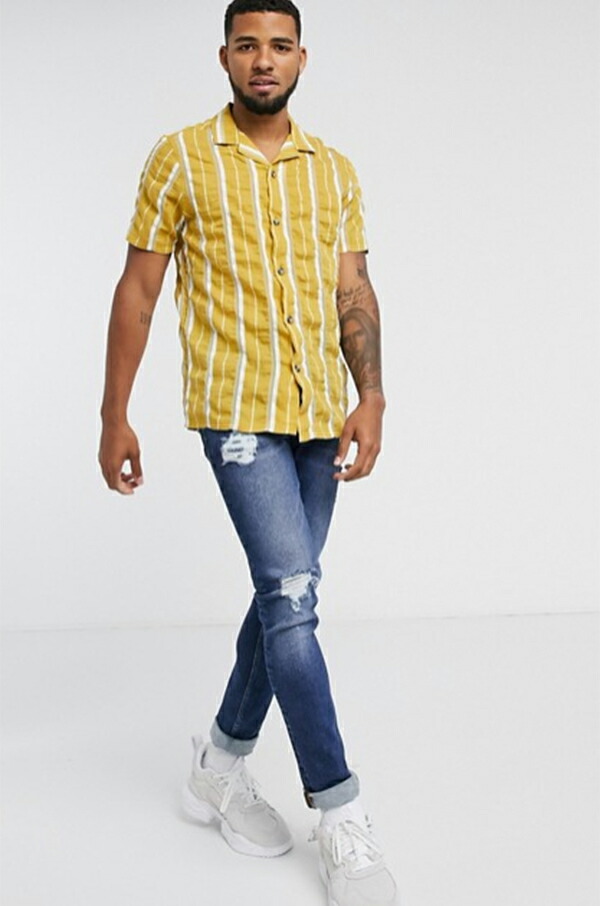 人気の春夏 40代 30代 小さいサイズから大きいサイズあり トップス インポートブランド メンズ シャツ イエローシアサッカー ストライプ リベール レギュラー Design Asos 春夏秋冬 高身長 代 As