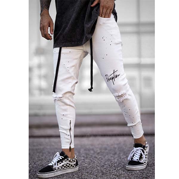 人気商品ランキング ズボン パンツ Deception ディセプション ホワイト ダメージ ペイント スキニー パンツ スウェットパンツ 日本未入荷 インポートブランド 代 30代 40代 ジム Sorif Dk