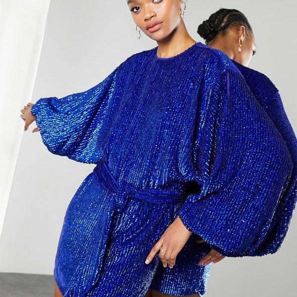 エイソス Asos Asos Asoseditionのロイヤルブルースパンコールの特大ブルゾンスリーブミニドレス ワンピース レディース 女性 インポートブランド 小さいサイズから大きいサイズまで Painfreepainrelief Com