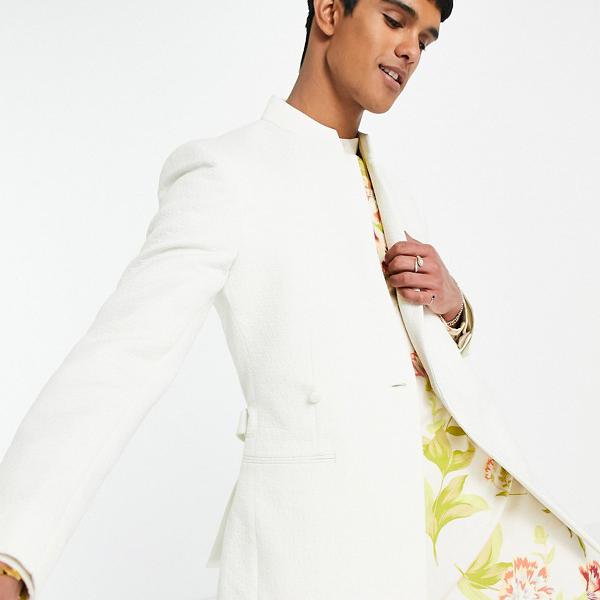 エイソス Asos Asos Asosdesignウェディングスリムスーツジャケット ラップディテールベルト ホワイトジャカード アウター メンズ 男性 インポートブランド 小さいサイズから大きいサイズまで Andapt Com