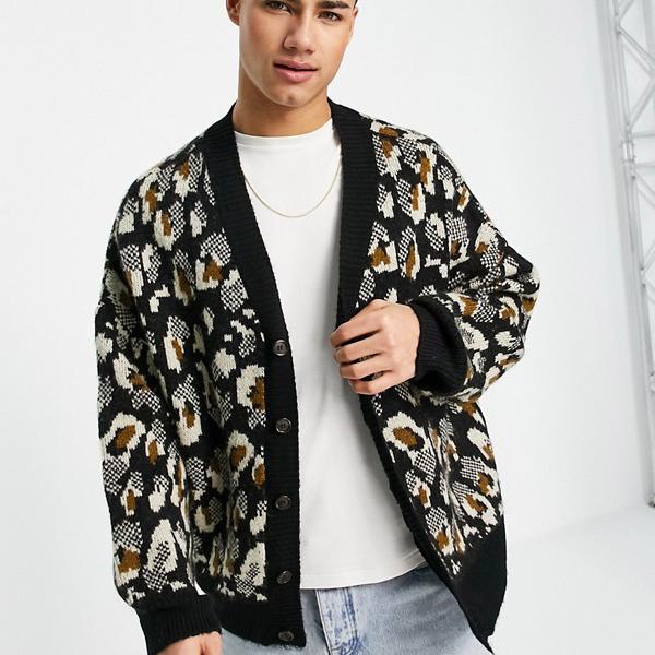 トップマン Topman TOPMAN ヒョウ柄のトップマン特大ニットカーディガン トップス メンズ 男性 インポートブランド 小さいサイズから大きいサイズまで