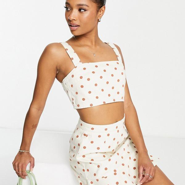 エイソス ASOS asos ASOS DESIGN スポットプリントコーデのプチデニムピニートップ トップス レディース 女性 インポートブランド 小さいサイズから大きいサイズまで