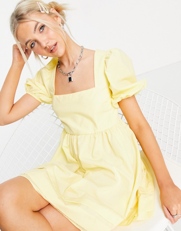 京都のセレクトショップdivacloset エイソス エイソス レディース Asos Asos Asos Designコットンスクエアネックミニスモックドレス オープンタイバックレモンイエロー インポートブランド ワンピース レディース 女性 インポートブランド 小さいサイズから大きいサイズ