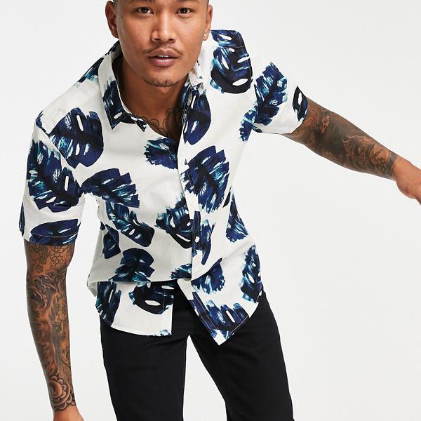 おすすめネット メンズ トップス Asosdesignレギュラーフィットスタンダードカラーシャツリネン大規模リーフプリント Asos Asos エイソス 男性 小さいサイズから大きいサイズまで インポートブランド カジュアルシャツ