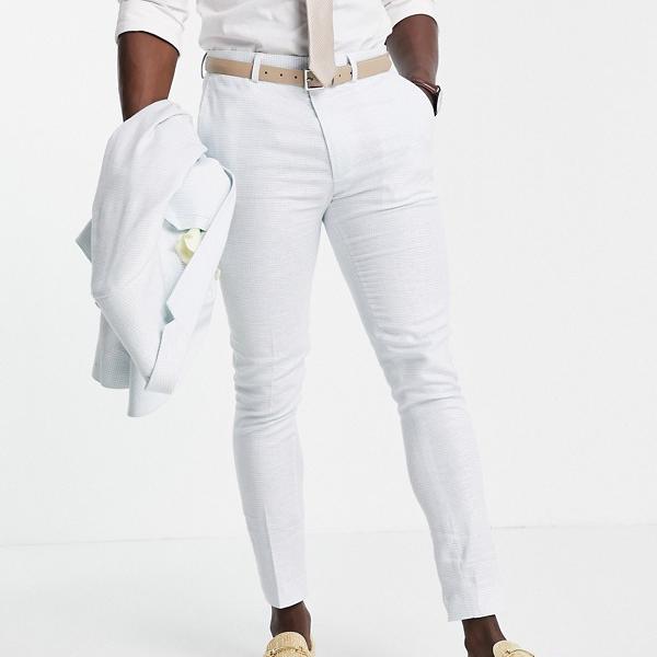 エイソス Asos Asos Asosdesignウェディングリネンスーパースキニースーツパンツ パピートゥースチェックブルー パンツ ボトム メンズ 男性 インポートブランド 小さいサイズから大きいサイズまで Bluewaterwells Com