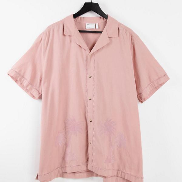 エイソス Asos Asos Asos Designのレギュラーレヴェレリネンルックシャツ ほこりっぽいピンク 手のひらの刺繡 トップス メンズ 男性 インポートブランド 小さいサイズから大きいサイズまで Psicologosancora Es