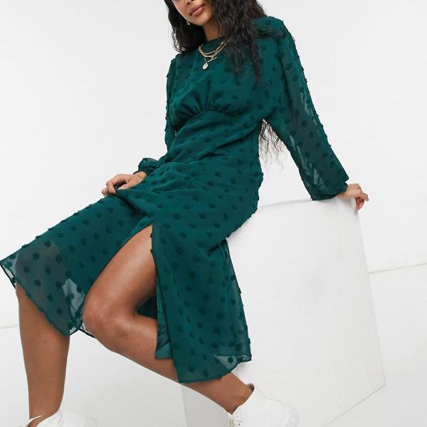 全品送料無料 楽天市場 エイソス Asos Asos フォレストグリーンのテクスチャードスポットにバットウィングスリーブを備えたasosdesignミディティードレス ワンピース レディース 女性 インポートブランド 小さいサイズから大きいサイズまで セレクトショップ Diva