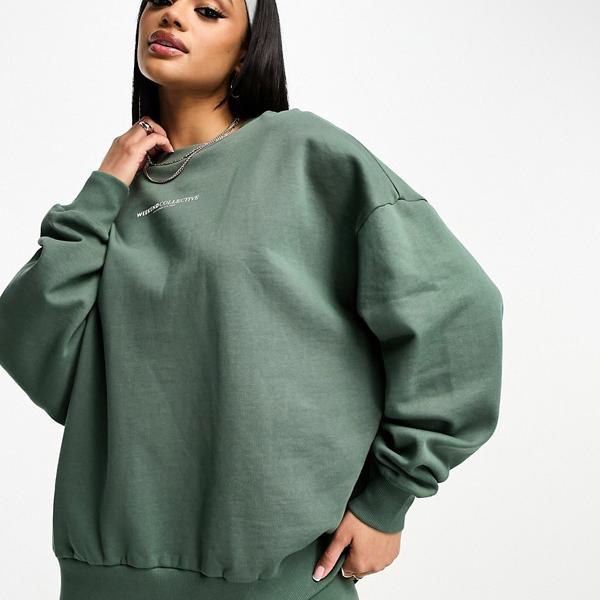 ASOS Weekend Collective 大層らしい大いさ トレイナー（カーキ色、うしろ側に大きなロゴタイプ入り口・入口） トップス レディース 亭主もち インポートブランド 弱められた大いさから途轍も無い大いさまで スウェット・トレーナー-トップス