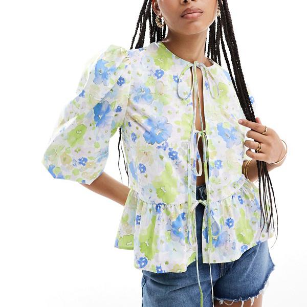 エイソス ASOS asos ASOS DESIGN ペプラムタイシャツトップ グリーン＆ブルーフローラル トップス レディース 女性 インポートブランド 小さいサイズから大きいサイズまで