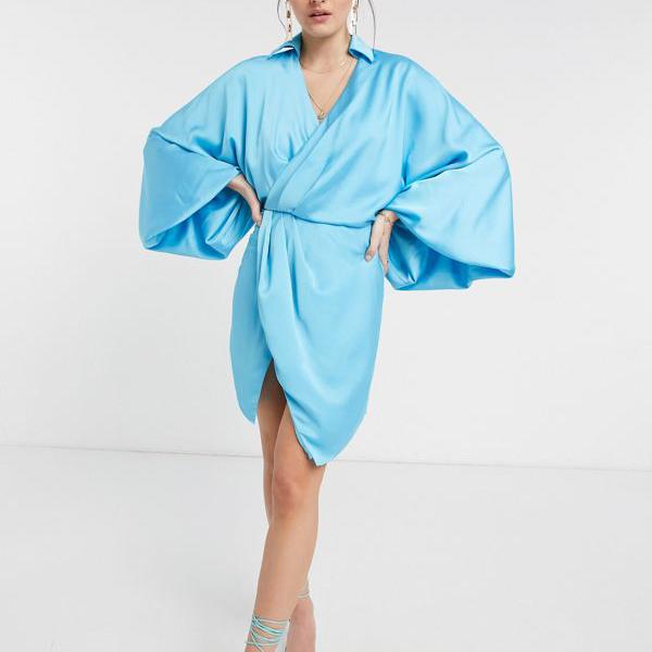 京都のセレクトショップdivacloset エイソス Asos Asos Asosdesignブルゾンスリーブサテンシャツミニドレスバックオープンブルー Asos ワンピース ワンピース エイソス レディース 女性 インポートブランド 小さいサイズから大きいサイズまで セレクトショップ Diva Closet