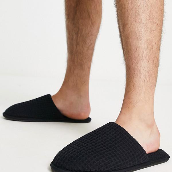 エイソス ASOS asos ブラックワッフルのASOS DESIGNハウススリッパ 靴 メンズ 男性 インポートブランド 小さいサイズから大きいサイズまで