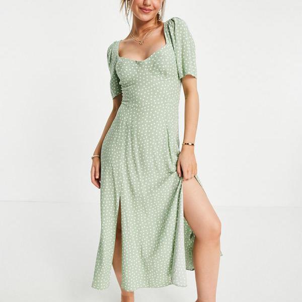 エイソス Asos Asos Asos Designカップマキシドレス セージグリーンスポットプリントのスプリット ワンピース レディース 女性 インポートブランド 小さいサイズから大きいサイズまで 京都のセレクトショップdivacloset 納期に約10日ほどお時間頂きます スクー